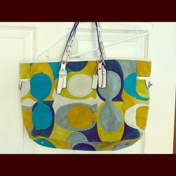 Coach Handbags - Coach Suede & Leather Blue Multi-Color Tote Bag